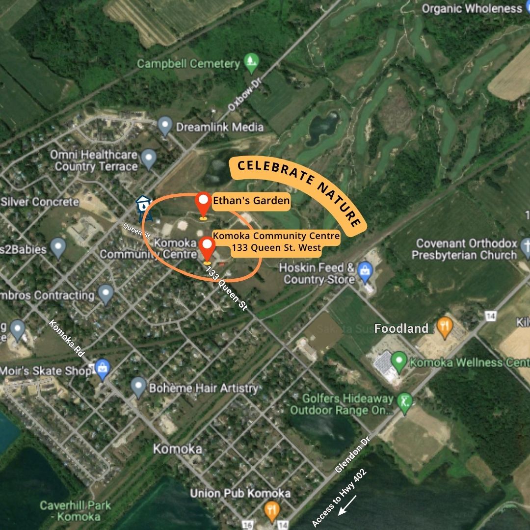Satellite View Map of Komoka Community Centre and surrounding areas. Event site is circled and labelled.