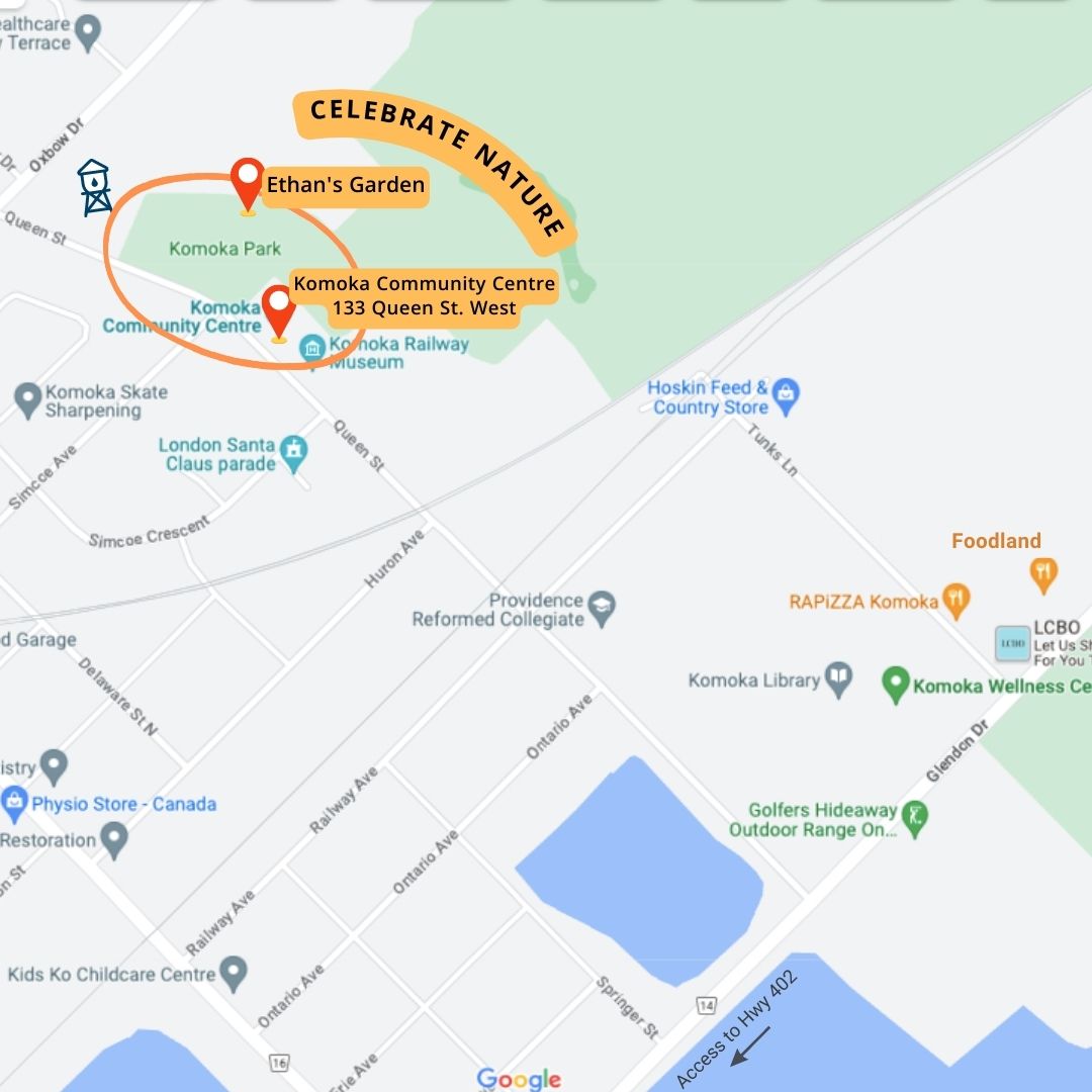 Street View Map of Komoka Community Centre and surrounding areas. Event site is circled and labelled.