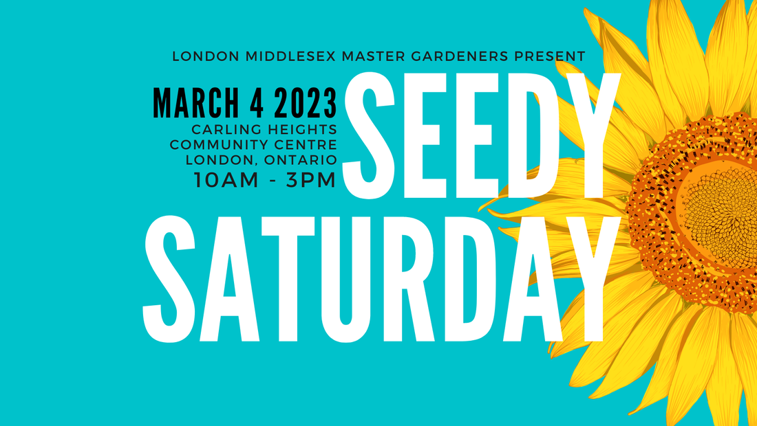 Teal poster with yellow sunflower. Text reads: London Middlesex Master Gardeners Present Seedy Saturday. March 4, 2023, 10am - 3pm Carling Heights Community Centre 656 Elizabeth St., London, Ontario, N5Y 6L3